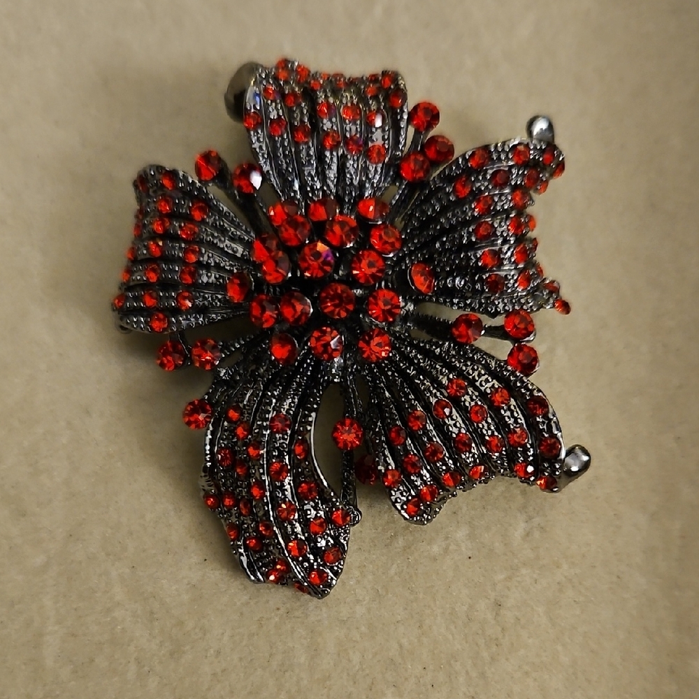 Elegant Red Stones And  Marcasite Floral Brooch